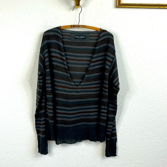 Dolce & Gabbana Cotton Blend Striped Plunge V Neck Distressed Sweater - Picture 1 of 9
